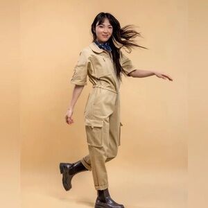 Women’s Utility Jumpsuit in Beige - Casual Zip Front Romper